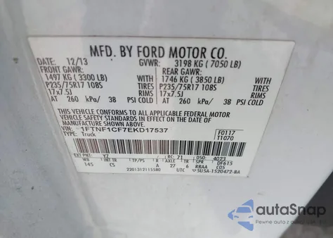 2014 Ford F150 Xl z USA, uszkodzony, nr VIN 1FTNF1CF7EKD17537